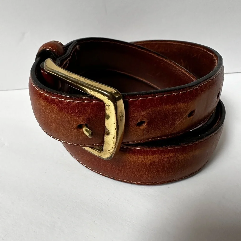 Tommy Hilfiger Brown Leather Belt Men’s 35-37 Brass Tone buckle Work Casual